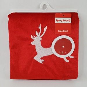 Merry Brite Red Reindeer Christmas Tree Skirt 42" Velvet Fabric Embroidery